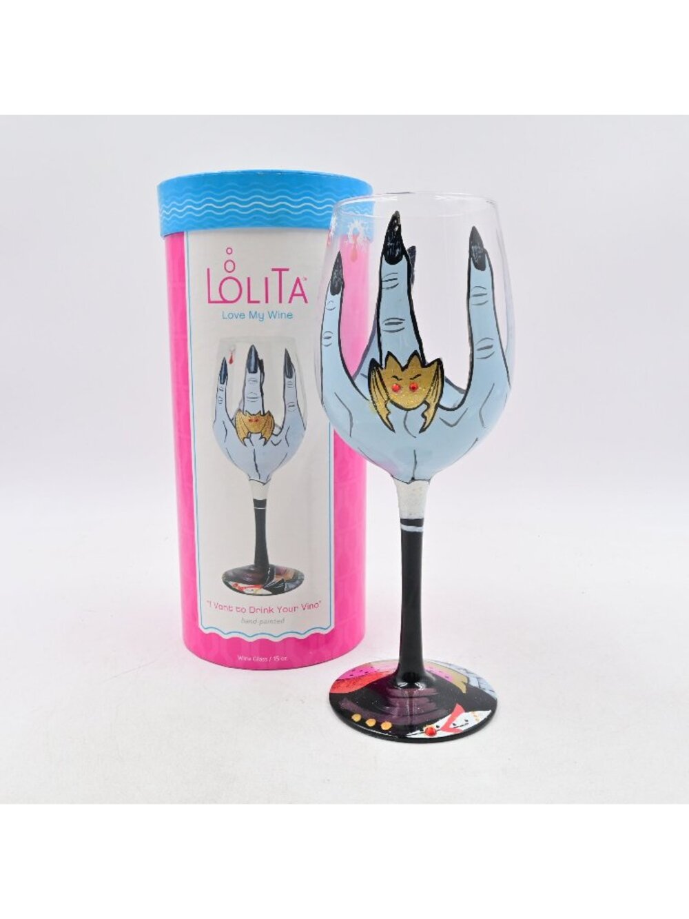 Lolita Vant to Drink Your Vino Hand Painted Wine Glass Dracula Boxed